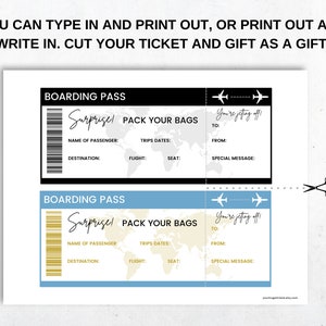May include: Two printable boarding pass templates with a world map background. The text on the boarding pass says "Surprise! Pack your bags. You're jetting off!"