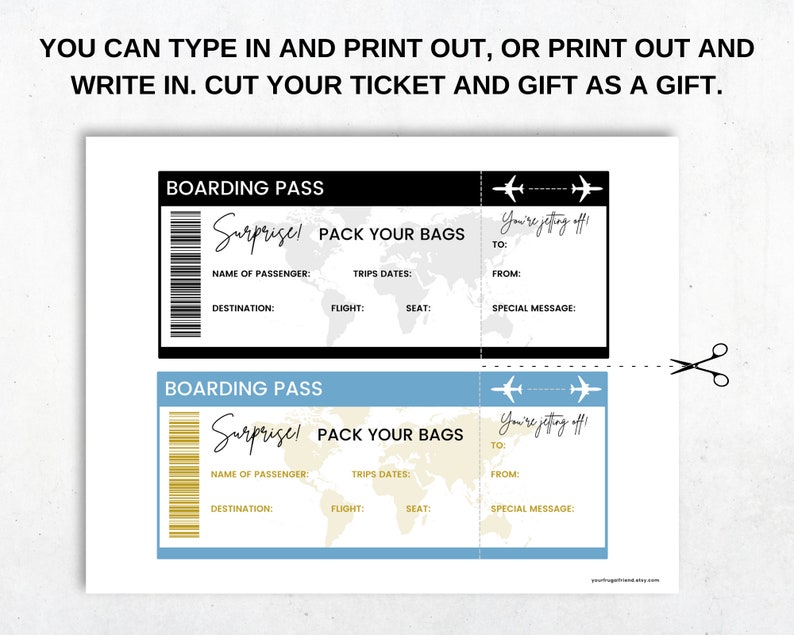 May include: Two printable boarding pass templates with a world map background. The text on the boarding pass says "Surprise! Pack your bags. You're jetting off!"