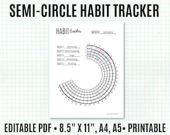 Semi Circle Habit Tracker Printable, Circular Habits Tracker, Round Habit Tracking, Daily Habits, Habit Lists, Editable A4, A5, Letter