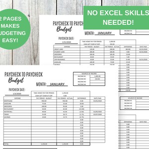May include: A printable budget worksheet with a black and white design. The worksheet is titled "Paycheck to Paycheck Budget" and includes sections for income, expenses, and a difference column. The worksheet is designed to help people track their income and expenses and create a budget.