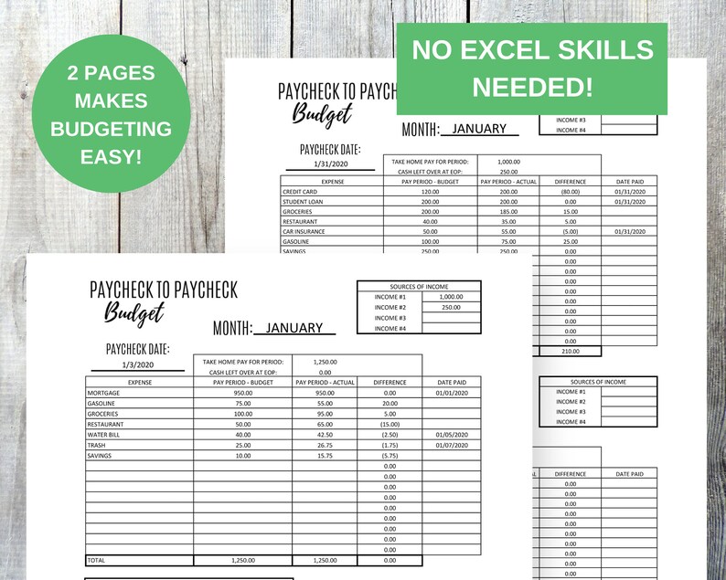 May include: A printable budget worksheet with a black and white design. The worksheet is titled "Paycheck to Paycheck Budget" and includes sections for income, expenses, and a difference column. The worksheet is designed to help people track their income and expenses and create a budget.