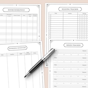 May include: Four printable black and white pages with a decorative border. The pages are titled "Books Borrowed", "Reading Tracker", "Bookshelf Inventory", and "Series Tracker". Each page has a table with columns for book title, author, date, ISBN, price, rating, and season.