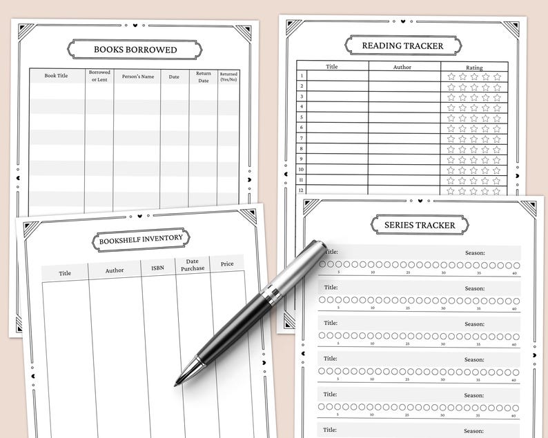 May include: Four printable black and white pages with a decorative border. The pages are titled "Books Borrowed", "Reading Tracker", "Bookshelf Inventory", and "Series Tracker". Each page has a table with columns for book title, author, date, ISBN, price, rating, and season.