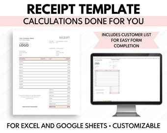 Receipt Template, Order Receipt, Excel, Google Sheets - Calculations Done for You!