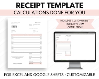 Receipt Template, Order Receipt, Excel, Google Sheets - Calculations Done for You!