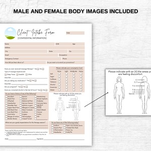 K&ouml;nnte beinhalten: Ein Kundenaufnahmeformular mit einem Abschnitt f&uuml;r pers&ouml;nliche Daten, einem Abschnitt f&uuml;r die Krankengeschichte und einem Abschnitt f&uuml;r K&ouml;rperdiagramme. Die K&ouml;rperdiagramme werden verwendet, um Bereiche von Beschwerden anzuzeigen. Das Formular ist mit "Kundenaufnahmeformular (Vertrauliche Informationen)" betitelt.