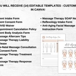 K&ouml;nnte beinhalten: Ein Satz von 14 druckbaren Vorlagen f&uuml;r Massagetherapeuten, darunter Kundenaufnahmeformulare, Einverst&auml;ndniserkl&auml;rungen, Massagetherapie-SOAP-Notizen und mehr. Die Vorlagen sind in Canva anpassbar.