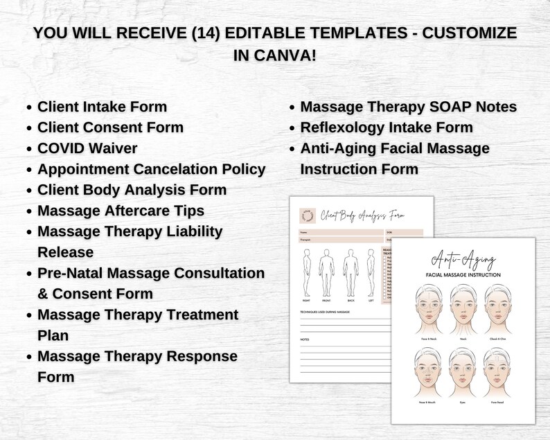 K&ouml;nnte beinhalten: Ein Satz von 14 druckbaren Vorlagen f&uuml;r Massagetherapeuten, darunter Kundenaufnahmeformulare, Einverst&auml;ndniserkl&auml;rungen, Massagetherapie-SOAP-Notizen und mehr. Die Vorlagen sind in Canva anpassbar.