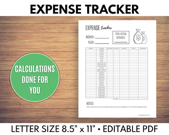 Expense Tracker, Expense Tracker Printable, Small Business Expense Tracker, Editable PDF - Calculations done for you!