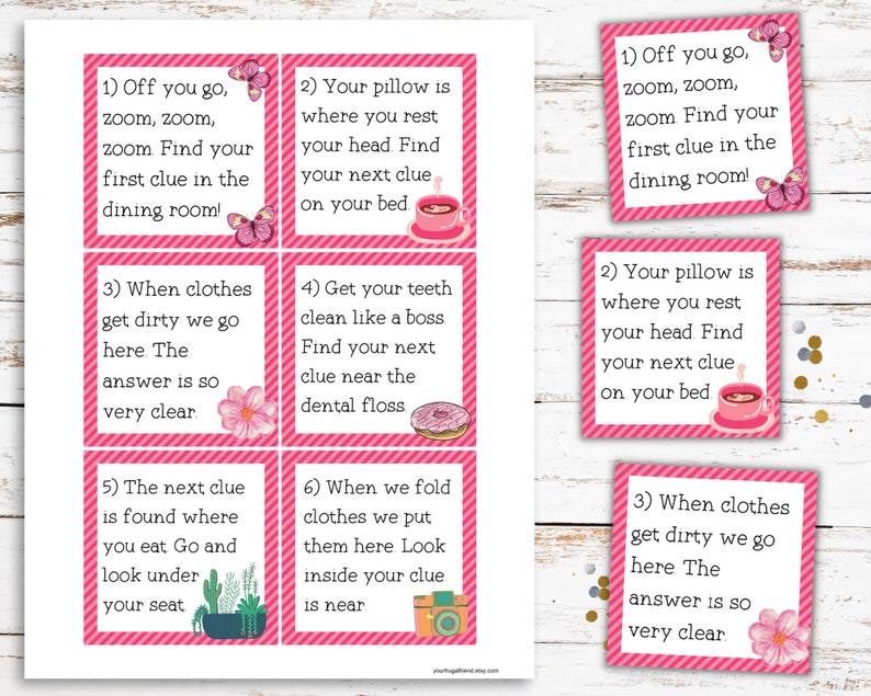 May include: Nine pink cards with white text and illustrations. Each card has a number and a clue for a scavenger hunt. The clues are written in rhyme. The illustrations include a butterfly, a cup of coffee, a flower, a toothbrush, a donut, a cactus, and a camera.