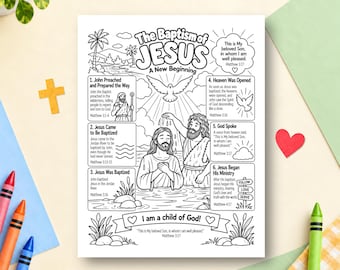 Baptism of Jesus Coloring Page, Bible Study Activity, Sunday School Activity, Children's Ministry, New Testament, Who is Jesus
