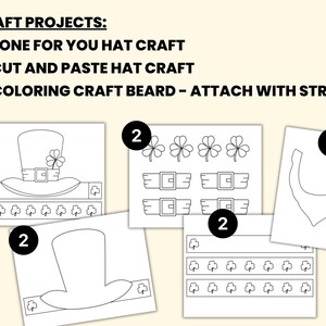 May include: Black and white printable craft templates for making a leprechaun hat, beard, and shamrock decorations. The templates are labelled with numbers 1, 2, and 3.