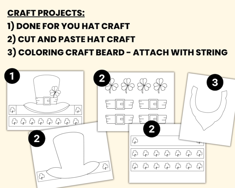 May include: Black and white printable craft templates for making a leprechaun hat, beard, and shamrock decorations. The templates are labelled with numbers 1, 2, and 3.