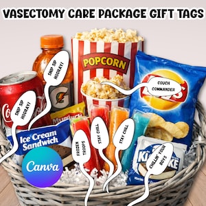 May include: A gift basket filled with snacks and drinks, including popcorn, chips, ice cream sandwiches, and Gatorade. The basket includes gift tags with phrases like "Couch Commander" and "Chillin' your boys". The text "Vasectomy Care Package Gift Tags" is at the top.