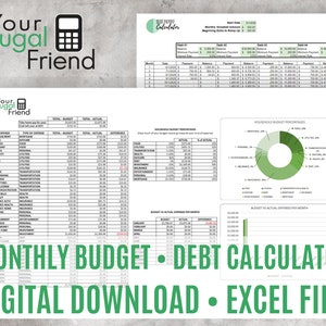 Puede incluir: Una hoja de cálculo de presupuesto y calculadora de deudas imprimible en verde y blanco. La hoja de cálculo incluye un presupuesto mensual, una calculadora de pago de deudas y un gráfico circular de porcentaje de presupuesto familiar. El texto "Presupuesto mensual • Calculadora de deudas" y "Descarga digital • Archivo Excel" se muestra en letras grandes y negritas.