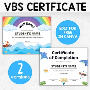 Bearbeitbares Urlaubsbibelschulzertifikat, VBS-Zertifikatsvorlage, Canva-Vorlage