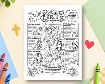 The Angel Visits Mary Coloring Page, Bible Study Activity, Sunday School Activity, Children's Ministry, New Testament, Nativity Story