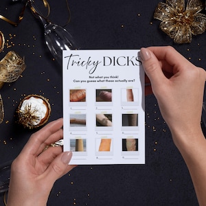 Op de afbeelding: Een witte kaart met de tekst "Tricky DICKS" en "Not what you think! Can you guess what these actually are?" De kaart bevat negen afbeeldingen met lege ruimtes eronder. De kaart wordt door twee handen vastgehouden.