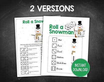May include: Two printable game boards for a snowman building game. The game is called "Roll a Snowman". The game board on the left has a snowman with a hat, scarf, and buttons. The game board on the right has a snowman with a hat, face, scarf, buttons, stick arms, and a broom. The game board on the right has a die with six sides. The game board on the left has a die with six sides. The game board on the right has a green button that says "INSTANT DOWNLOAD".