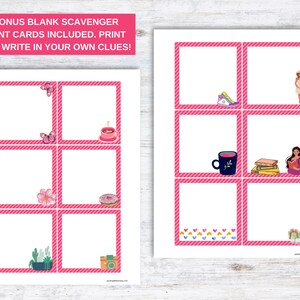 May include: Printable pink and white scavenger hunt cards with blank spaces for writing in your own clues. The cards feature various illustrations, including a cup of coffee, a donut, a stack of books, and a potted plant.