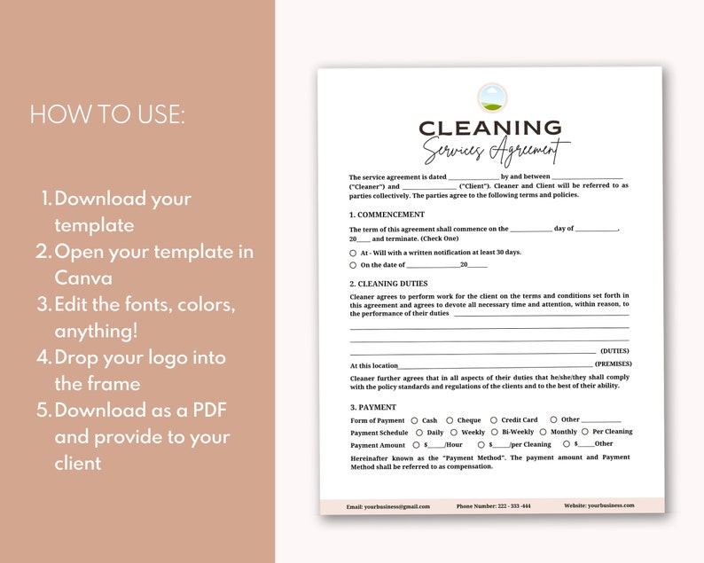 May include: A printable cleaning services agreement template with a green leaf logo. The document includes sections for commencement, cleaning duties, payment, and contact information.