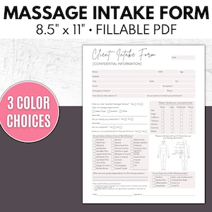 May include: A printable massage intake form with a client intake form title. The form includes sections for client information, medical history, and a body diagram for pain or discomfort.