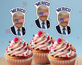 4 juli cupcake topper, Trump decor, Fourth of July cupcake topper, 4 juli feestdecor
