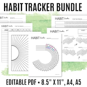 Puede incluir: Un paquete de plantillas de seguimiento de hábitos imprimibles con diferentes diseños. El paquete incluye un seguimiento mensual, un seguimiento semanal, un seguimiento de hábitos con un diseño de rayos de sol, un seguimiento circular de hábitos y un seguimiento de panal de abejas. Los seguimientos son editables y se pueden imprimir en tamaños de 8,5" x 11", A4 o A5.