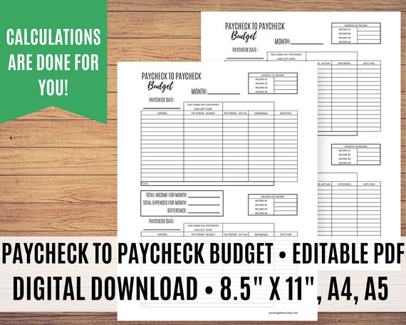 Biweekly Budget Template, Paycheck Budget, Budget Printable, Editable PDF, Bi-Monthly Budget, Weekly Budget, Sizes 8.5" x 11", A4, A5