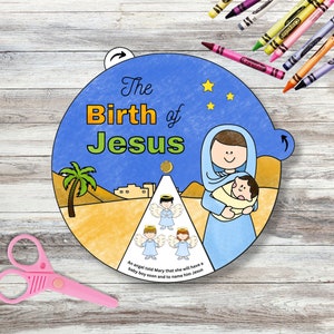 Roue de la naissance de Jésus, activité de Noël à imprimer pour la Nativité, activité d'école du dimanche, leçon biblique pour enfants, école du dimanche