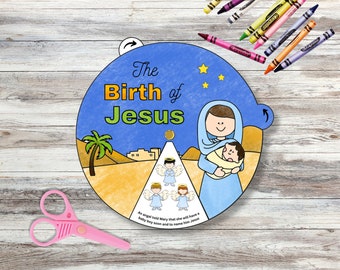 May include: A blue and yellow printable craft for kids featuring a spinning wheel with the words "The Birth of Jesus" and illustrations of Mary holding baby Jesus, angels, and a star. The text at the bottom reads "An angel told Mary that she will have a baby boy soon and to name him Jesus."