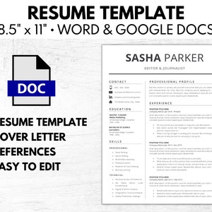 Resume Template for Word and Google Docs, Cover Letter, References Template, CV Template, Editable Resume Template