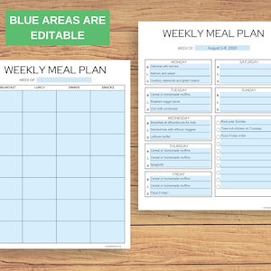 May include: A printable weekly meal planner with a light blue background. The planner is divided into seven days of the week, with sections for breakfast, lunch, dinner, and snacks. The planner also includes a section for meal prep and notes.