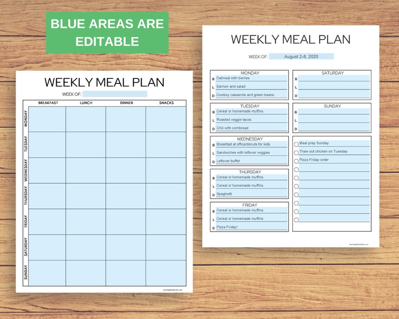 May include: A printable weekly meal planner with a light blue background. The planner is divided into seven days of the week, with sections for breakfast, lunch, dinner, and snacks. The planner also includes a section for meal prep and notes.