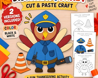 Turkey Disguise Police Costume Printable, Disguise a Turkey Cut and Paste Thanksgiving Craft for Kids