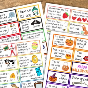 Puede incluir: Un conjunto de tarjetas de truco o trato de Halloween coloridas con varias ilustraciones y texto. Las tarjetas presentan una calabaza, una bruja, un ma&iacute;z dulce, un fantasma, un murci&eacute;lago, un b&uacute;ho, un coraz&oacute;n, una vaca, un ping&uuml;ino, una abeja, un elfo, una ardilla, un oso, un osito de goma, un marco de fotos, una fresa, un canguro y un hueso. El texto en las tarjetas incluye frases como "Feliz Halloween", "Truco o trato", "Eres amado", "Las mejores brujas para ti", "Buen provecho", "&iquest;Qui&eacute;n es especial? &iexcl;T&uacute;!", "Eres la calabaza m&aacute;s genial del huerto", "&iquest;Qu&eacute; aprenden los elfos en la escuela?", "&iquest;Por qu&eacute; la vaca cruz&oacute; la calle?", "&iquest;C&oacute;mo se mantiene en forma el conejito de Pascua?", "&iquest;C&oacute;mo se llama una vaca que baila?", "&iquest;C&oacute;mo se llama el queso que no es tuyo?", "&iquest;C&oacute;mo se llama un oso sin dientes?", "&iquest;Por qu&eacute; la imagen", "Las fresas son la &uacute;nica fruta que tiene sus semillas en el exterior", "Los corazones de las mujeres laten m&aacute;s r&aacute;pido que los de los hombres", "Las abejas se encuentran en todas partes del mundo excepto en la Ant&aacute;rtida", "Los canguros no pueden caminar hacia atr&aacute;s", y "Que tengas un d&iacute;a de hielo".