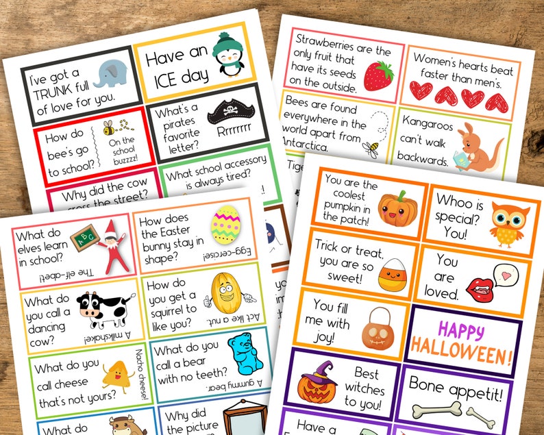 Puede incluir: Un conjunto de tarjetas de truco o trato de Halloween coloridas con varias ilustraciones y texto. Las tarjetas presentan una calabaza, una bruja, un ma&iacute;z dulce, un fantasma, un murci&eacute;lago, un b&uacute;ho, un coraz&oacute;n, una vaca, un ping&uuml;ino, una abeja, un elfo, una ardilla, un oso, un osito de goma, un marco de fotos, una fresa, un canguro y un hueso. El texto en las tarjetas incluye frases como "Feliz Halloween", "Truco o trato", "Eres amado", "Las mejores brujas para ti", "Buen provecho", "&iquest;Qui&eacute;n es especial? &iexcl;T&uacute;!", "Eres la calabaza m&aacute;s genial del huerto", "&iquest;Qu&eacute; aprenden los elfos en la escuela?", "&iquest;Por qu&eacute; la vaca cruz&oacute; la calle?", "&iquest;C&oacute;mo se mantiene en forma el conejito de Pascua?", "&iquest;C&oacute;mo se llama una vaca que baila?", "&iquest;C&oacute;mo se llama el queso que no es tuyo?", "&iquest;C&oacute;mo se llama un oso sin dientes?", "&iquest;Por qu&eacute; la imagen", "Las fresas son la &uacute;nica fruta que tiene sus semillas en el exterior", "Los corazones de las mujeres laten m&aacute;s r&aacute;pido que los de los hombres", "Las abejas se encuentran en todas partes del mundo excepto en la Ant&aacute;rtida", "Los canguros no pueden caminar hacia atr&aacute;s", y "Que tengas un d&iacute;a de hielo".