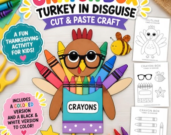 Turkey Disguise Crayon Box Costume Printable, Disguise a Turkey Cut and Paste Thanksgiving Craft for Kids