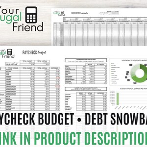 May include: A printable budget worksheet with a green and white color scheme. The worksheet includes sections for tracking income, expenses, and debt payoff. The title of the worksheet is "Paycheck Budget - Debt Snowball".