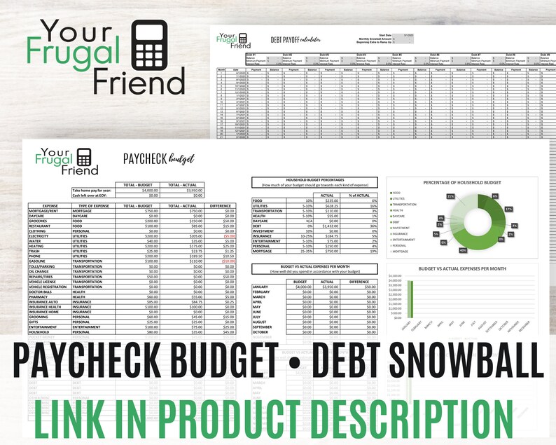 May include: A printable budget worksheet with a green and white color scheme. The worksheet includes sections for tracking income, expenses, and debt payoff. The title of the worksheet is "Paycheck Budget - Debt Snowball".