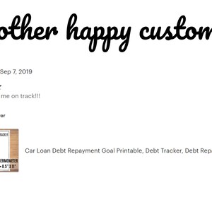 May include: A five-star review for a printable car loan debt repayment goal tracker. The review reads "Nice to keep me on track!!!" and is from Jonathan on September 7, 2019. The image also shows a preview of the printable tracker, which is a black and white design with a thermometer-style graphic.