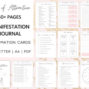Journal des manifestations, modèle de tableau de visualisation, loi de l'attraction, cartes d'affirmation - PDF imprimable