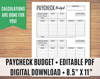 Gehaltsscheck zu Gehaltsscheck Budgetvorlage, Null-basiertes Budget druckbar, bearbeitbare PDF, zweimonatliches Budget, wöchentliches Budget, Größen 8,5 "x 11", A4, A5