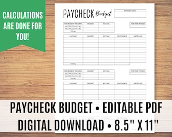 Gehaltsscheck zu Gehaltsscheck Budgetvorlage, Null-basiertes Budget druckbar, bearbeitbare PDF, zweimonatliches Budget, wöchentliches Budget, Größen 8,5 "x 11", A4, A5