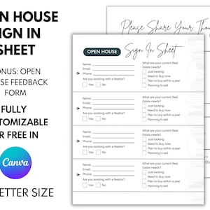Editable Open House Sign-In Sheet, Real Estate Marketing, Real Estate Agent, Customize in Canva