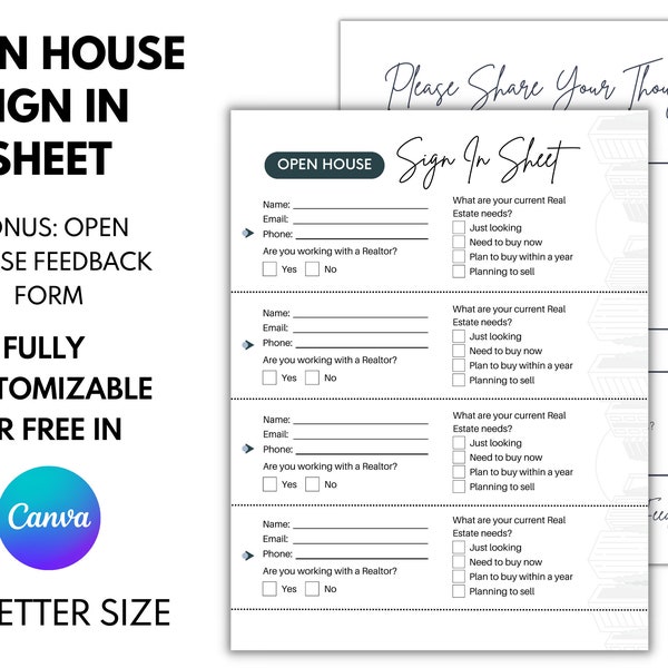 Editable Open House Sign-In Sheet, Real Estate Marketing, Real Estate Agent, Customize in Canva