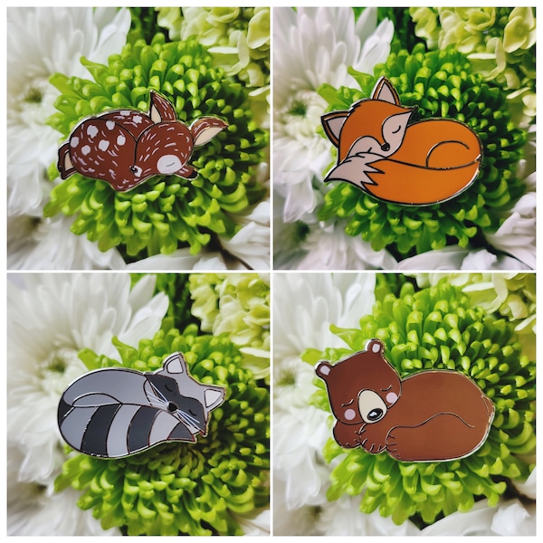 Sleepy Woodland Fox Deer Bear Raccoon Enamel Pin