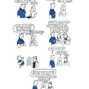 May include: A black and white comic strip by Julia Loopstra. The comic depicts conversations about Fernet, Chartreuse, and an iPad. The characters are drawn in a simple, illustrative style, with speech bubbles.