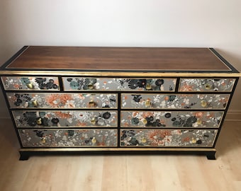 SOLD But Similar Items available for commission. Luxury Upcycled Vintage Chest of Drawers: decoupaged in designer print