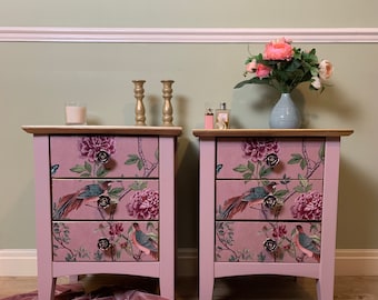 SOLD but similar items available for commission. Pair of Pink and gold decoupaged upcycled nightstands / vanities / bedside tables